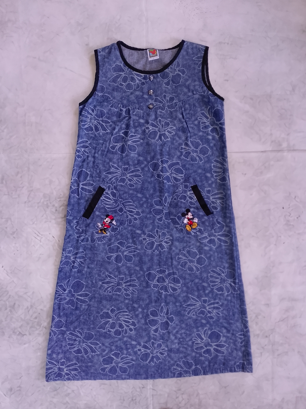 Vintage Disney Mickey Unlimited Denim Floral Pattern Dress with Embroidered Mick